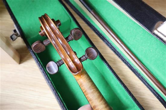 A 19th century (1822) single back violin by John Gough, who worked for Dearloves in Leeds, cased with two bows.